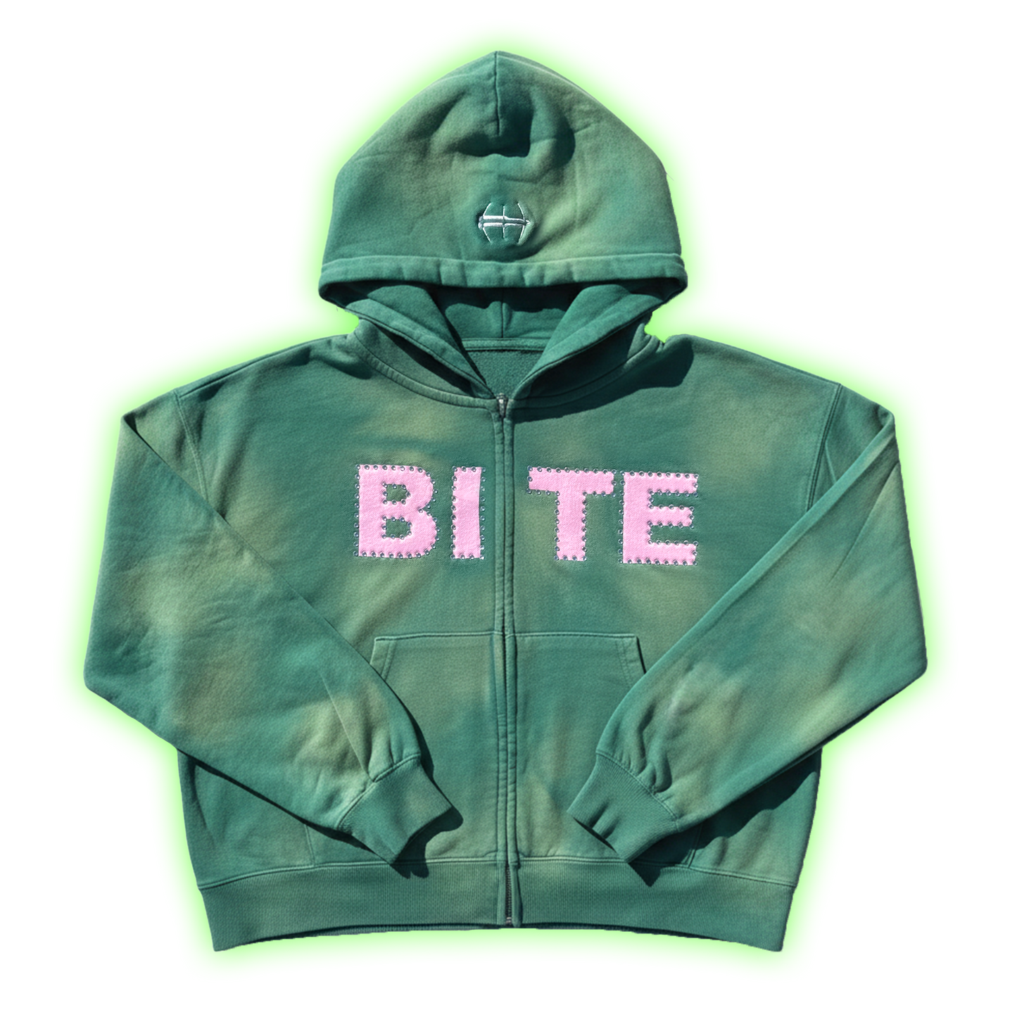 "BITE" Sunfaded Cropped Zip Up Hoodie